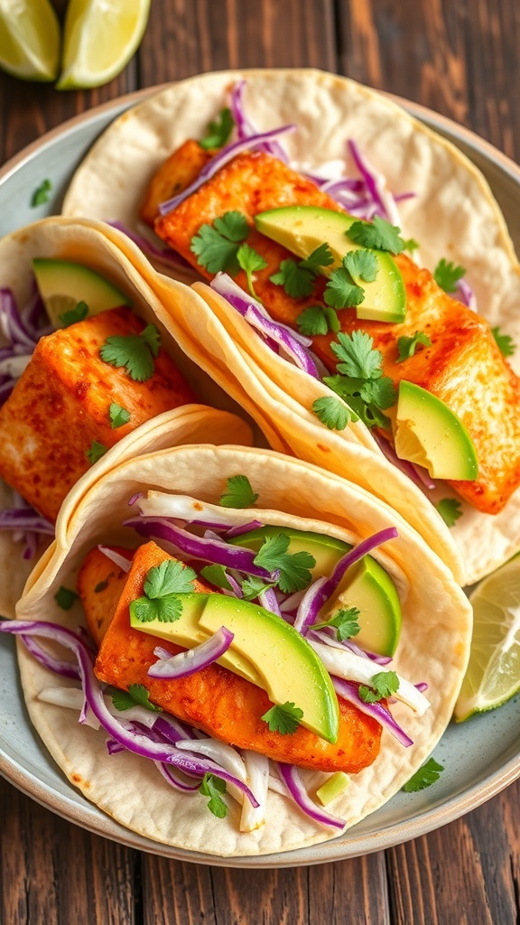 Crispy salmon fish tacos with avocado and cabbage on a wooden table, garnished with lime wedges.